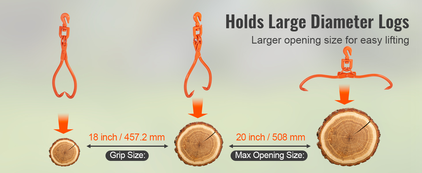 VEVOR log skidding tongs with an 18-inch and 20-inch opening for large diameter logs.