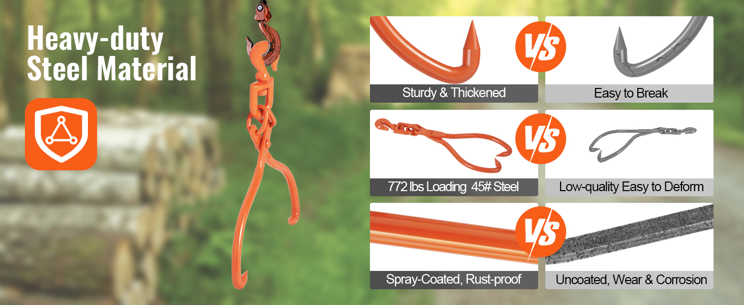 heavy-duty VEVOR log skidding tongs with high-strength steel, rust-proof coating, and sturdy design.