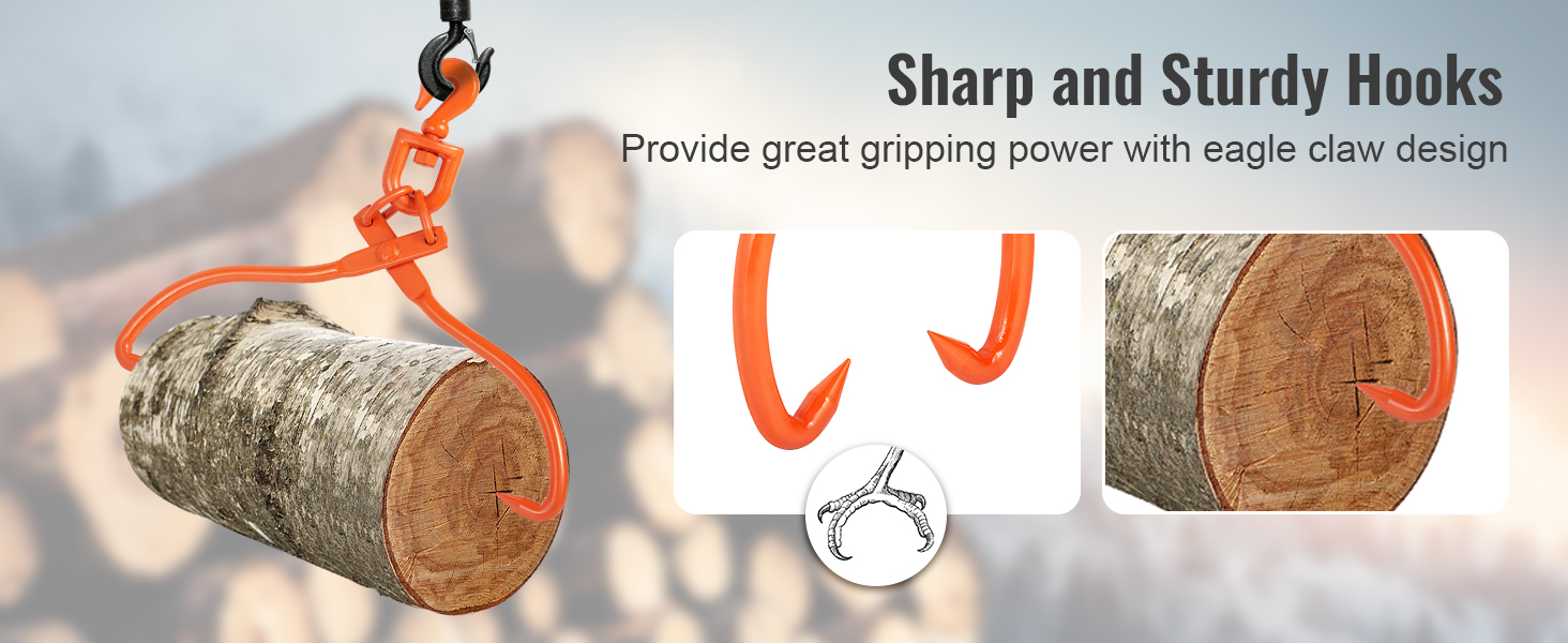 sharp and sturdy VEVOR log skidding tongs showcasing eagle claw design gripping a log.