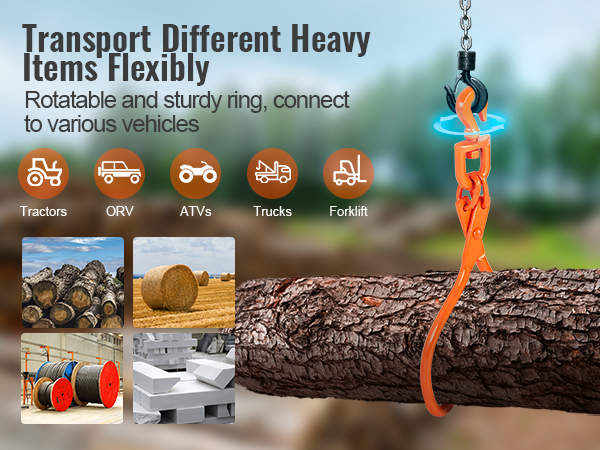 VEVOR log skidding tongs lifting a large log with various vehicle compatibility icons and images.