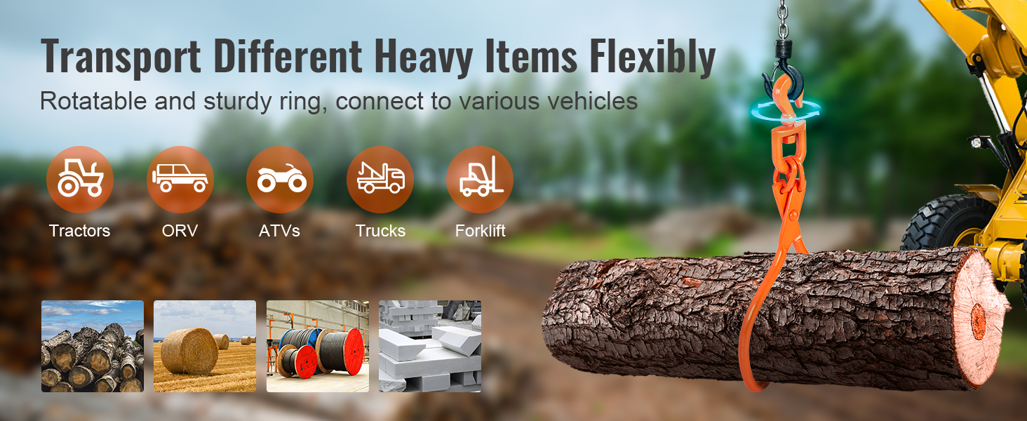 VEVOR log skidding tongs lifting a large log with various vehicle compatibility icons and images.