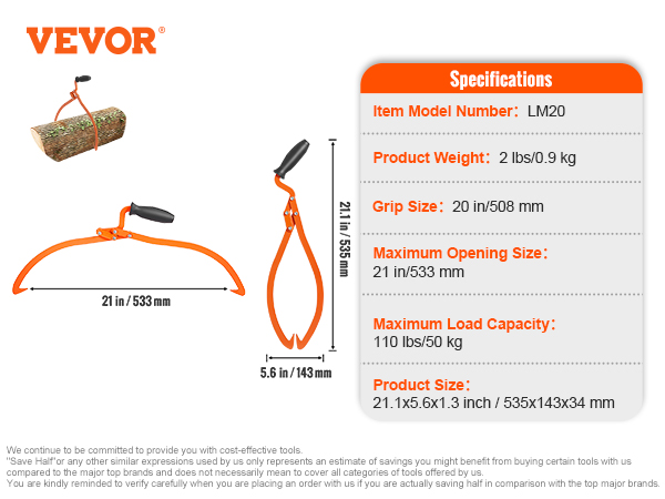 VEVOR log tongs with 21-inch opening, 20-inch grip size, and 110 lbs capacity for lifting logs.