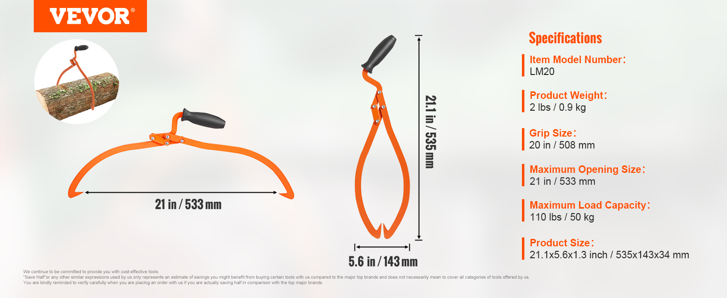 VEVOR log tongs with 21-inch opening, 20-inch grip size, and 110 lbs capacity for lifting logs.