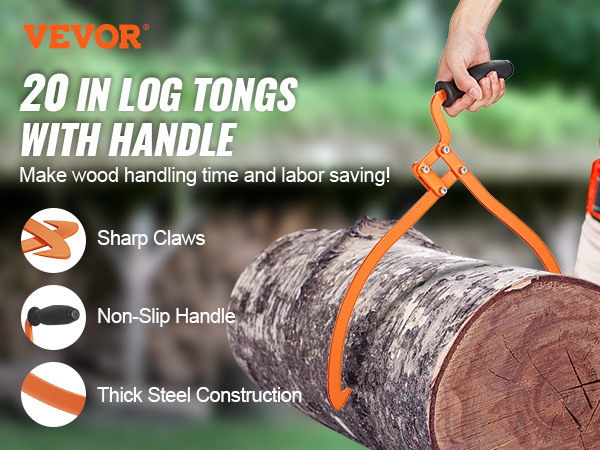 VEVOR log tongs: sharp claws, non-slip handle, thick steel construction, ideal for wood handling.
