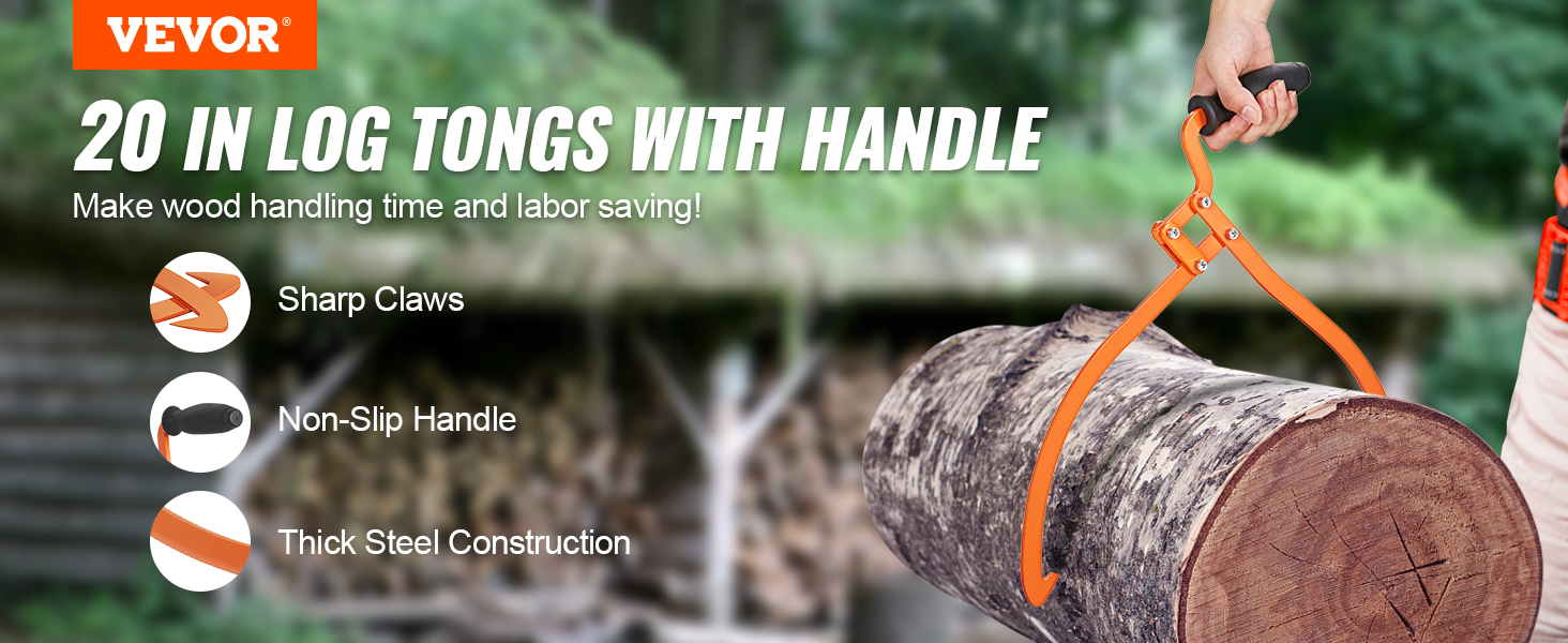 VEVOR log tongs: sharp claws, non-slip handle, thick steel construction, ideal for wood handling.