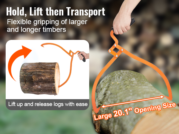 VEVOR log tongs lifting a large log, showcasing flexible gripping and a 20.1" opening size.