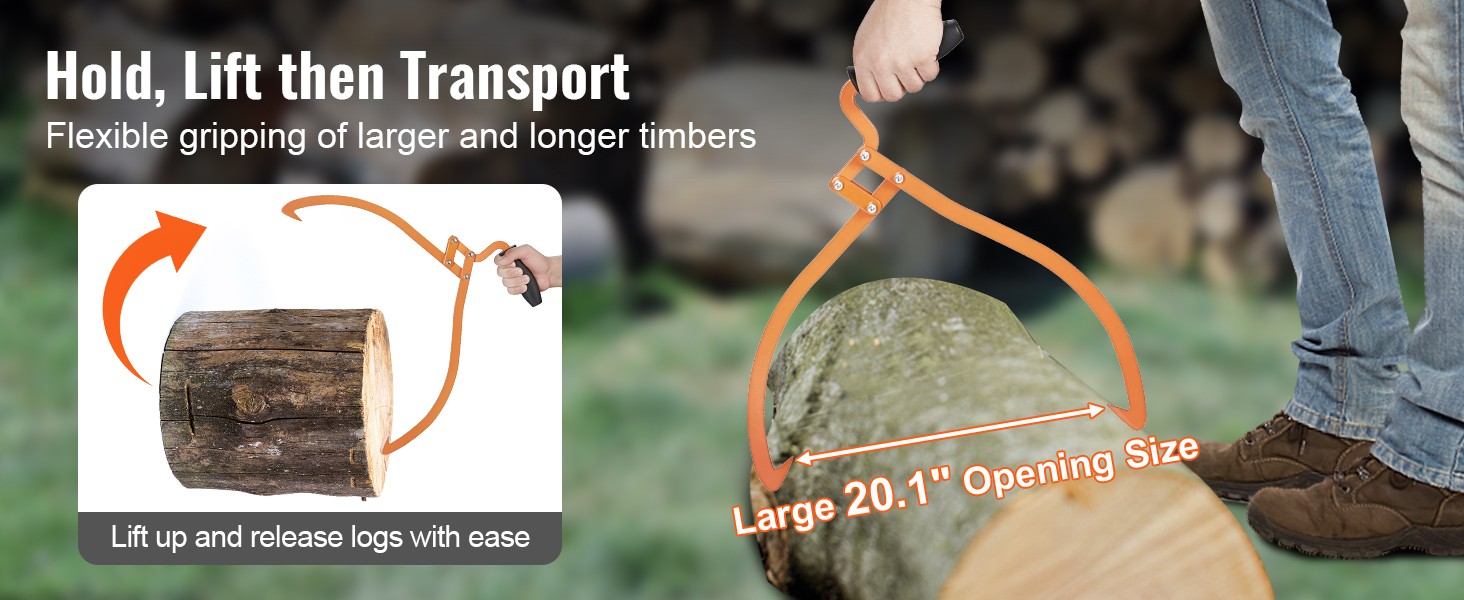 VEVOR log tongs lifting a large log, showcasing flexible gripping and a 20.1" opening size.