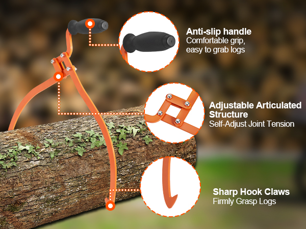 VEVOR log tongs with anti-slip handle, adjustable structure, and sharp hook claws grasping a log.