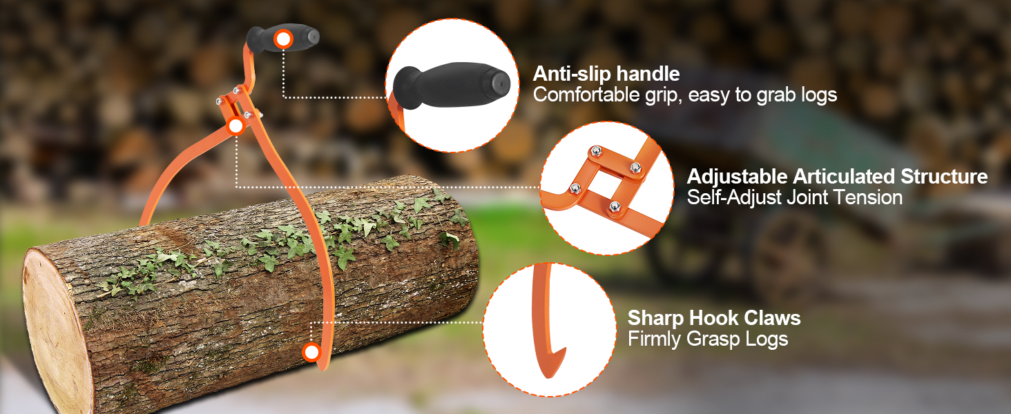 VEVOR log tongs with anti-slip handle, adjustable structure, and sharp hook claws grasping a log.