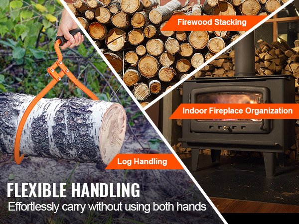 flexible handling with VEVOR log tongs for firewood stacking and indoor fireplace organization.