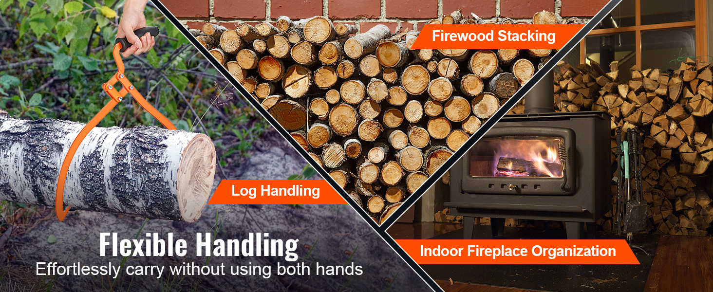 flexible handling with VEVOR log tongs for firewood stacking and indoor fireplace organization.