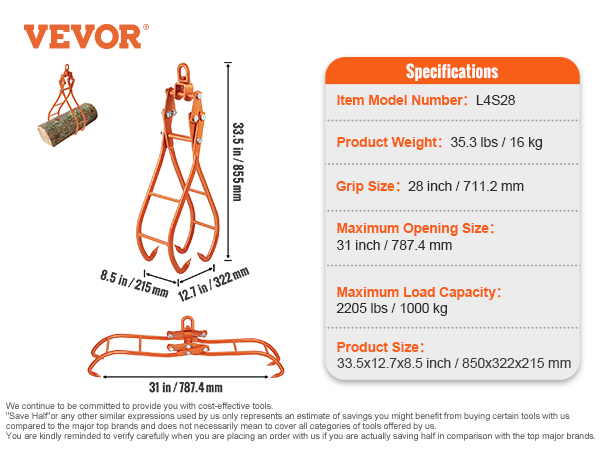 VEVOR log grapple model l4s28 with 2205 lbs load capacity and 31 in opening size.