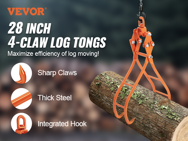 VEVOR log grapple lifting a large log with 28 inch 4-claw log tongs, ideal for efficient log moving.