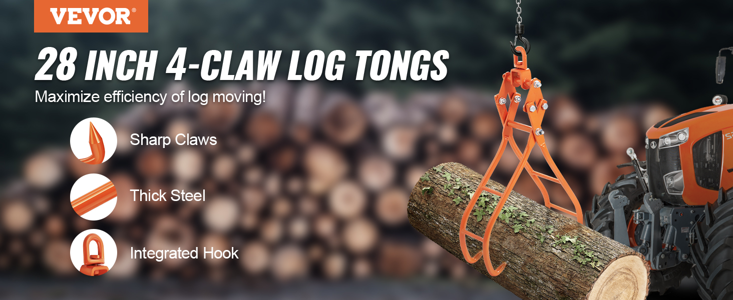 VEVOR log grapple lifting a large log with 28 inch 4-claw log tongs, ideal for efficient log moving.