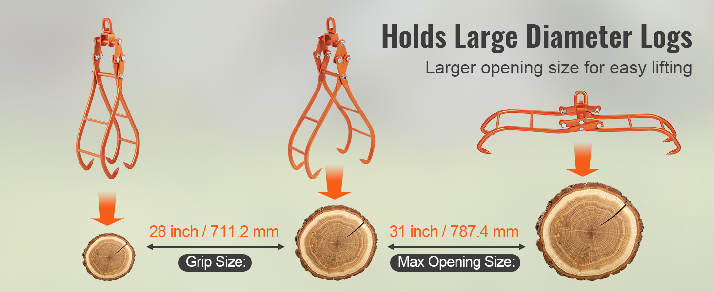 VEVOR log grapple demonstrating large diameter log gripping, with max opening size of 31 inches.