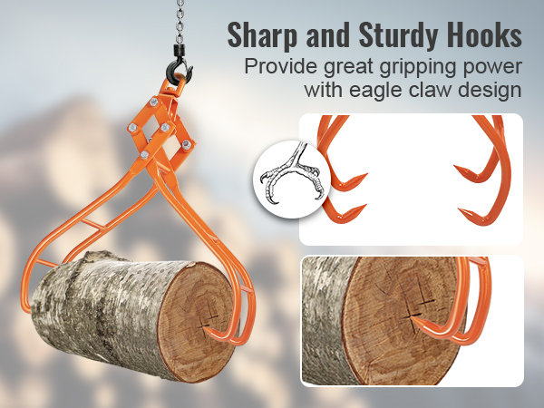 VEVOR log grapple showcasing sharp, sturdy hooks lifting a log with eagle claw design.