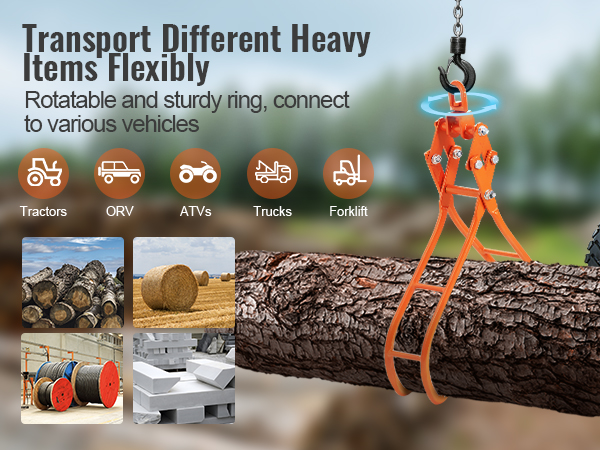 VEVOR log grapple lifting a large log with various vehicle icons including tractors, orv, atvs, trucks, forklift.
