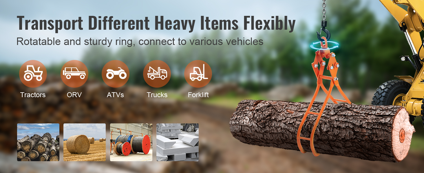 VEVOR log grapple lifting a large log with various vehicle icons including tractors, orv, atvs, trucks, forklift.