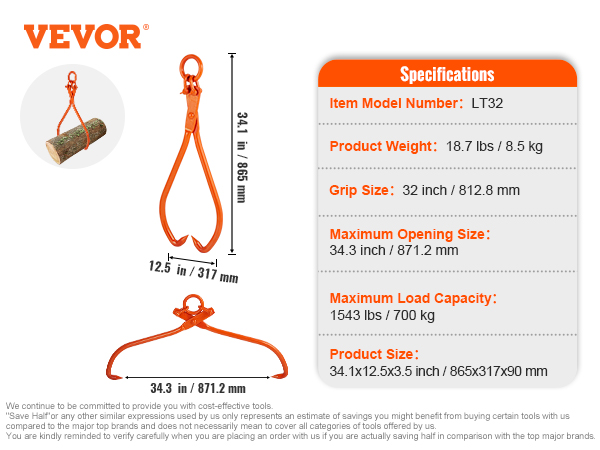 VEVOR log skidding tongs with 34.3-inch opening, 812.8-mm grip, and 1543-lb load capacity in orange.