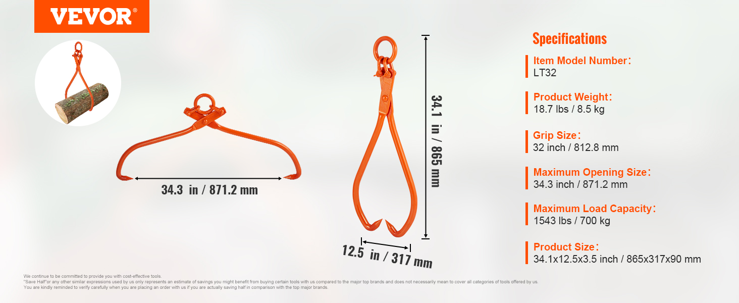 VEVOR log skidding tongs with 34.3-inch opening, 812.8-mm grip, and 1543-lb load capacity in orange.