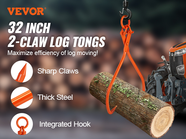 VEVOR log skidding tongs attached to a tractor, lifting a log with sharp claws and integrated hook.