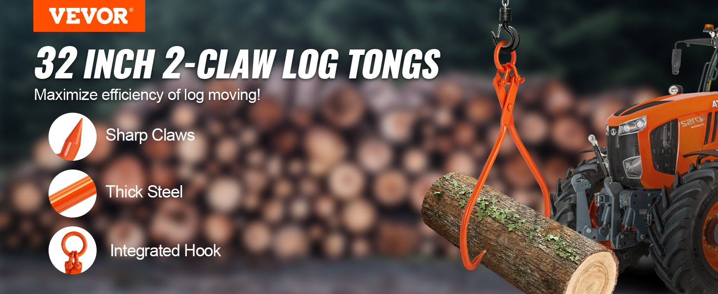 VEVOR log skidding tongs attached to a tractor, lifting a log with sharp claws and integrated hook.