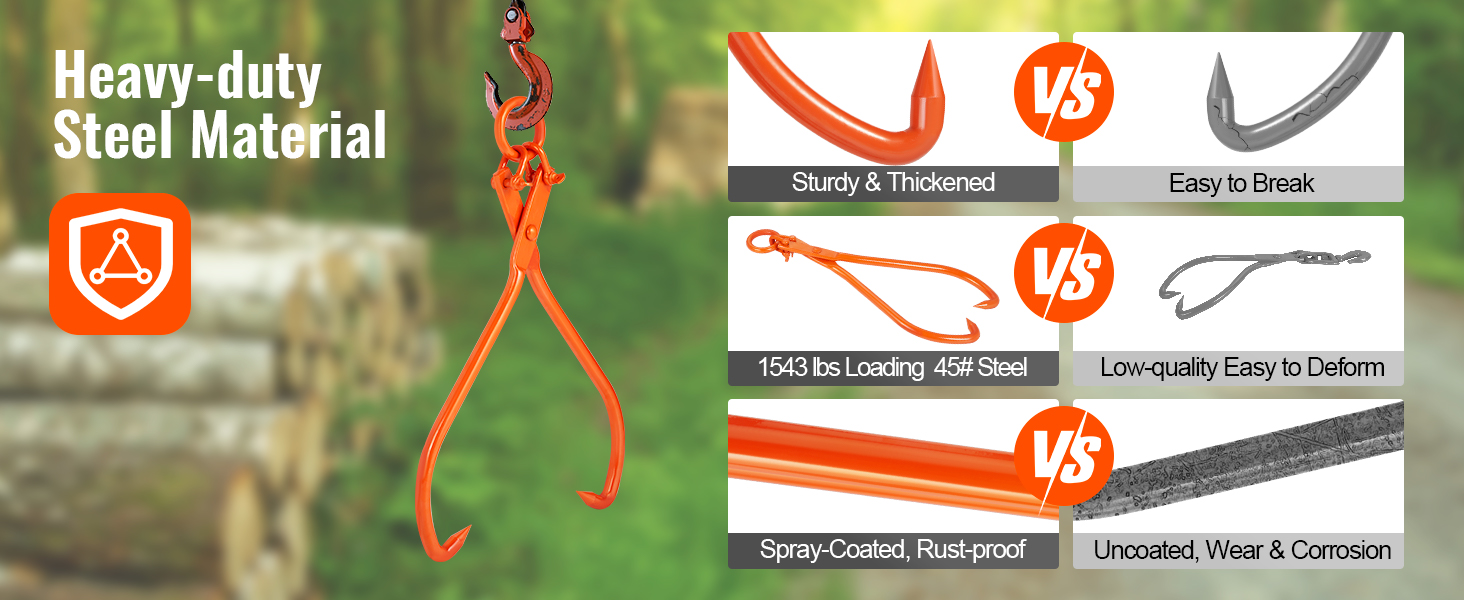 VEVOR log skidding tongs: heavy-duty steel material, 1543 lbs loading, rust-proof, sturdy and thickened.