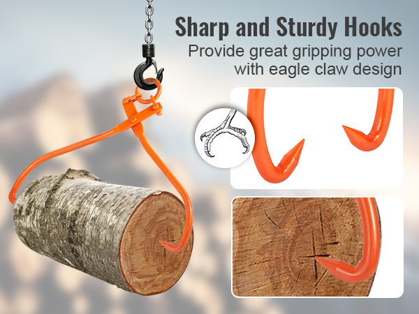 VEVOR log skidding tongs lifting a log with sharp hooks for great gripping power.