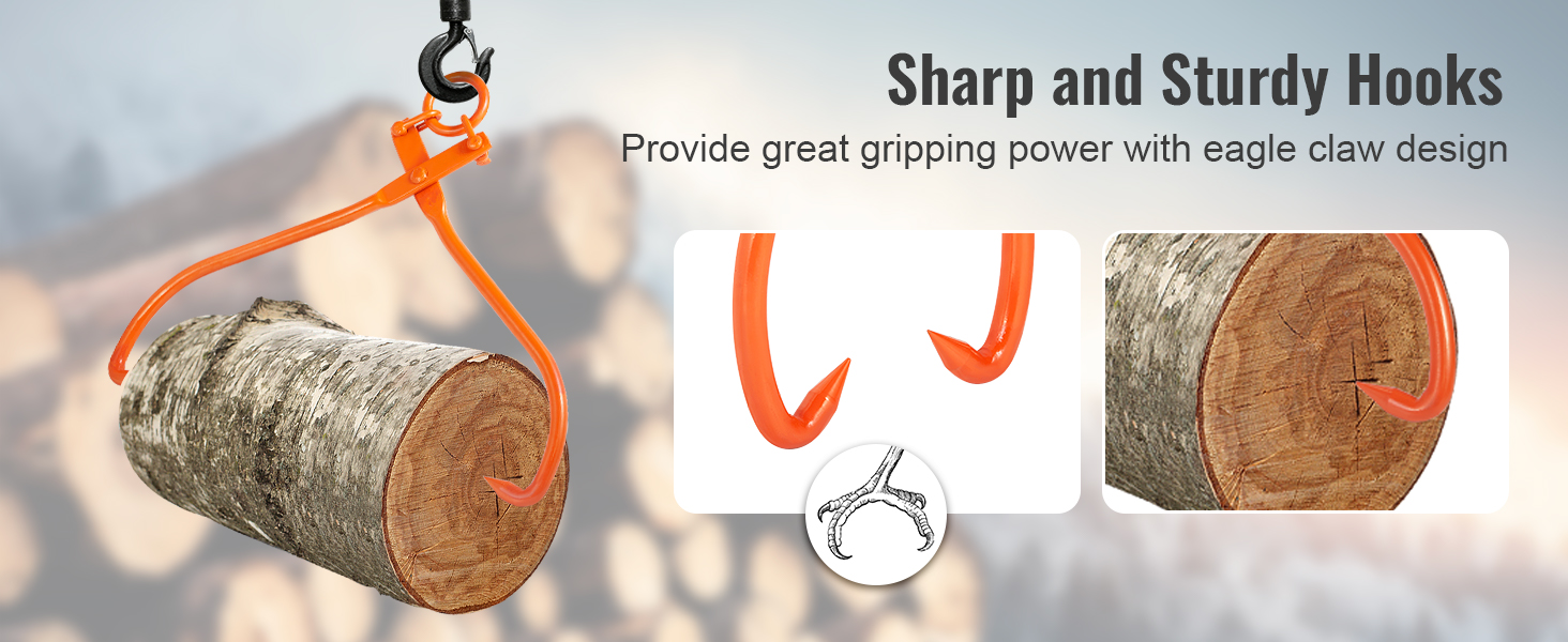 VEVOR log skidding tongs lifting a log with sharp hooks for great gripping power.
