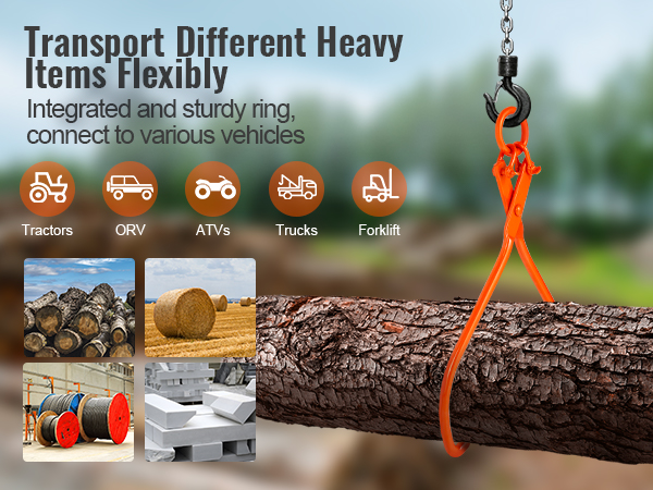 VEVOR log skidding tongs lifting a log, showcasing versatility with tractors, orv, atvs, trucks, and forklifts.