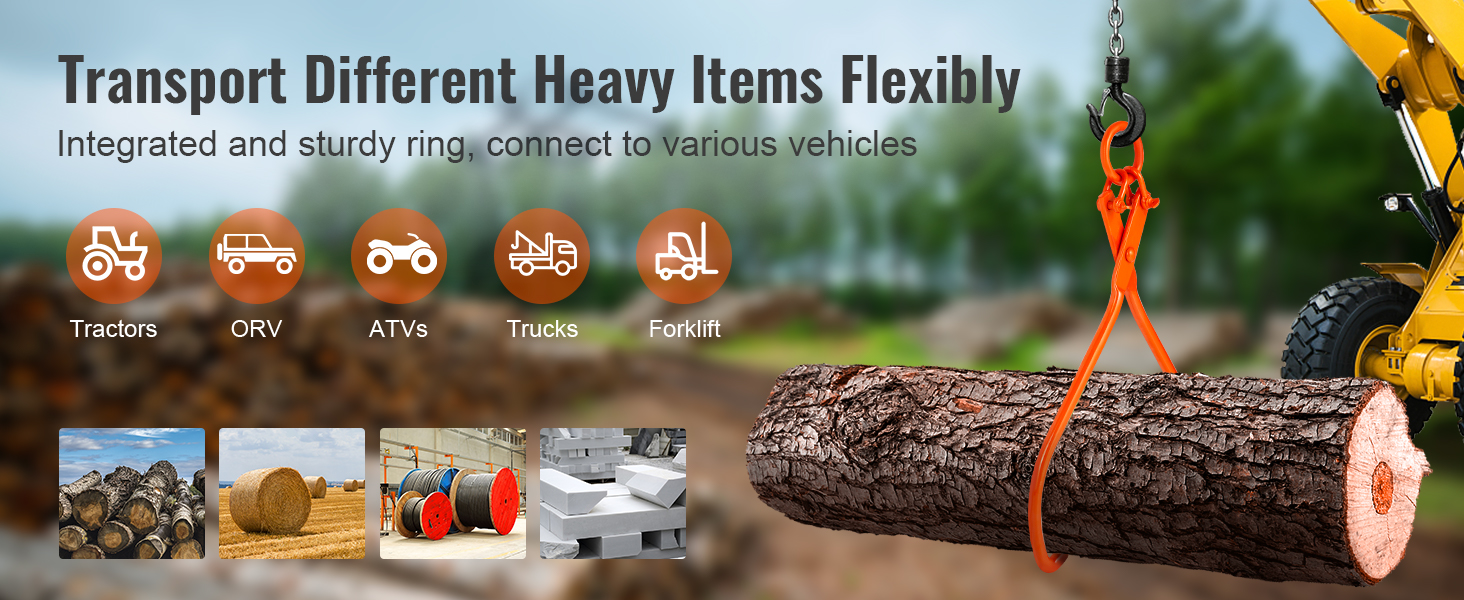 VEVOR log skidding tongs lifting a log, showcasing versatility with tractors, orv, atvs, trucks, and forklifts.