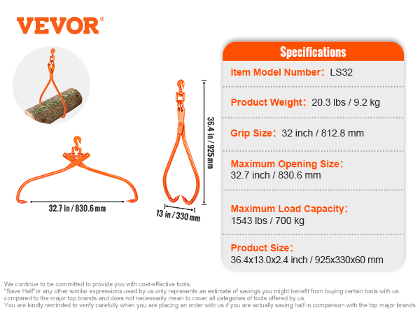 VEVOR log skidding tongs, 32.7 in max opening, 20.3 lbs weight, 1543 lbs load capacity, ls32 model.