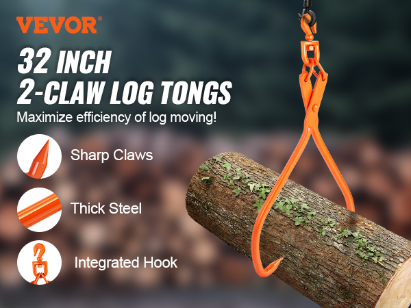 VEVOR log skidding tongs with sharp claws, thick steel, and integrated hook lifting a log near a tractor.