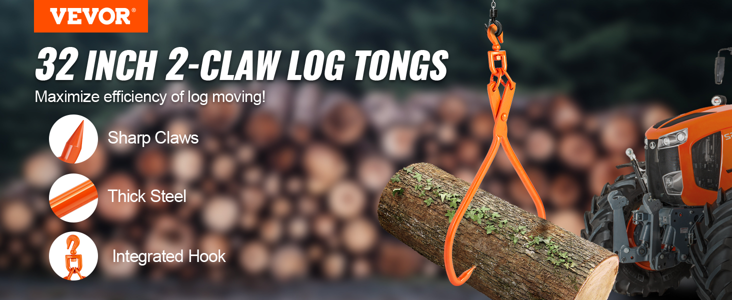 VEVOR log skidding tongs with sharp claws, thick steel, and integrated hook lifting a log near a tractor.