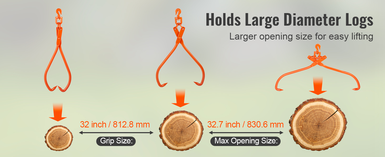 VEVOR log skidding tongs hold large diameter logs, with a grip size of 32 inches and max opening of 32.7 inches.