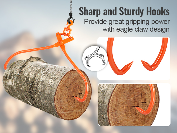 VEVOR log skidding tongs lifting a log with sharp, sturdy eagle-claw hooks for great gripping power.