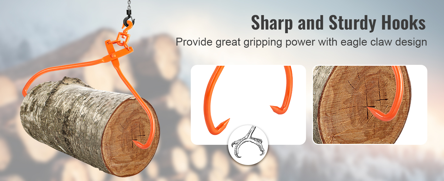 VEVOR log skidding tongs lifting a log with sharp, sturdy eagle-claw hooks for great gripping power.