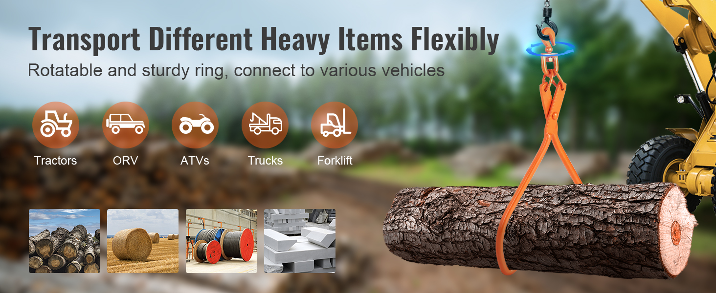 VEVOR log skidding tongs lifting a heavy log with various vehicle icons like tractors and trucks in the background.