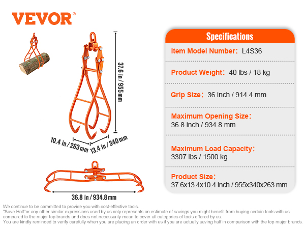 VEVOR timber claw hook, 36.8 in capacity, 3307 lbs load, 40 lbs weight, 37.6 in height, orange.