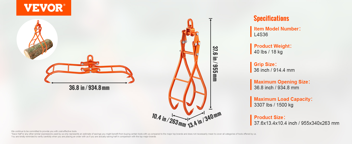 VEVOR timber claw hook, 36.8 in capacity, 3307 lbs load, 40 lbs weight, 37.6 in height, orange.