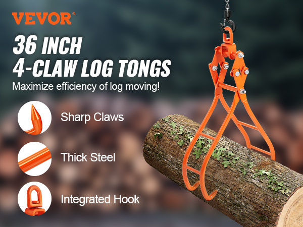 VEVOR timber claw hook in use with 36-inch 4-claw log tongs lifting a log next to an orange tractor.