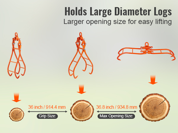 VEVOR timber claw hook holds large diameter logs, up to 36.8 inches. ideal for easy log lifting.