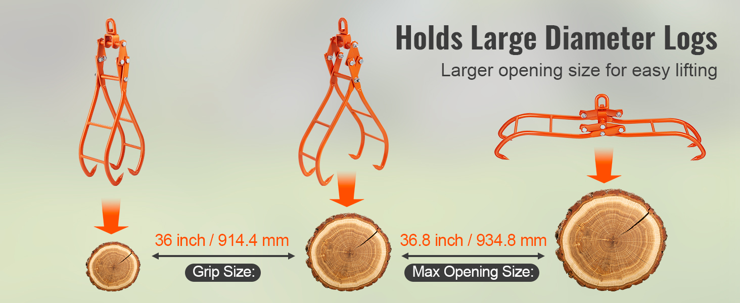 VEVOR timber claw hook holds large diameter logs, up to 36.8 inches. ideal for easy log lifting.