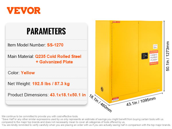 VEVOR uzliesmojošu vielu uzglabāšanas skapis, dzeltens, 43,1x18,1x50,1 collas, ss-1270, q235 tērauds, 192,5 lbs.