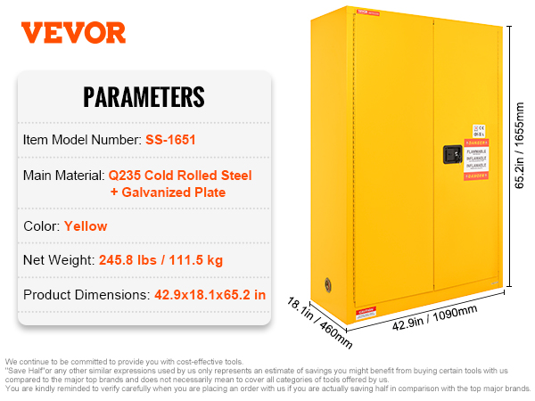 VEVOR flammable safety cabinet, yellow, 65.2in tall, 42.9in wide with product details on specifications.