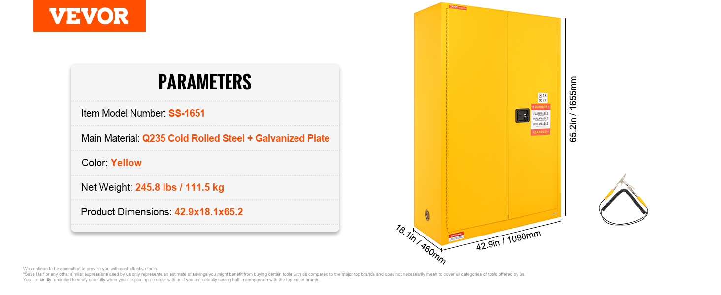 VEVOR flammable safety cabinet, yellow, 65.2in tall, 42.9in wide with product details on specifications.