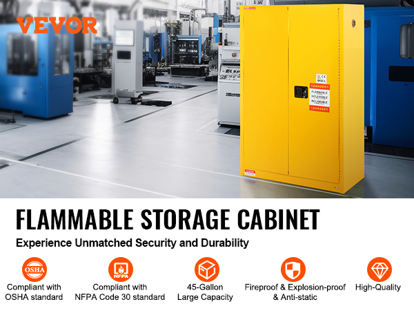 VEVOR flammable safety cabinet in industrial setting, 45-gallon capacity, osha and nfpa compliant.