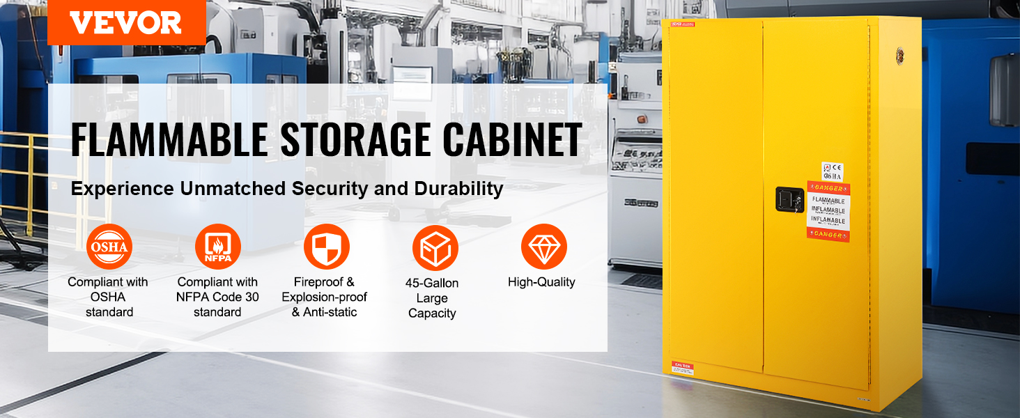 VEVOR flammable safety cabinet in industrial setting, 45-gallon capacity, osha and nfpa compliant.