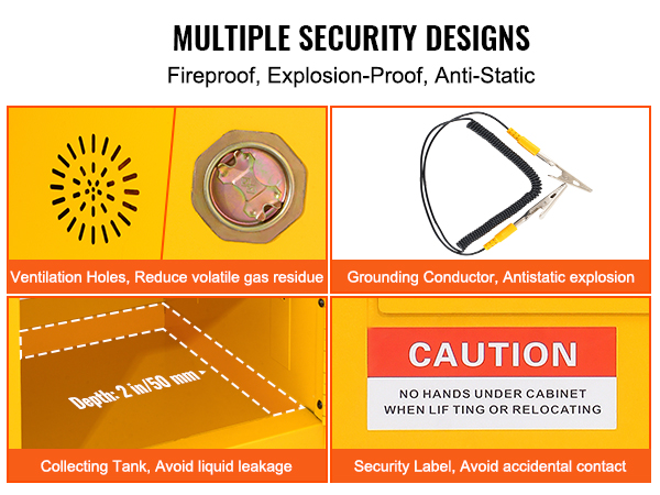 VEVOR flammable safety cabinet with multiple security designs, ventilation holes, grounding conductor.