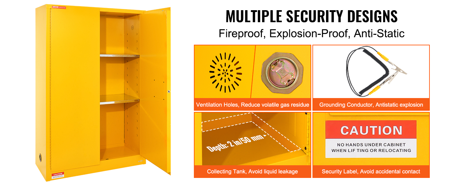 VEVOR flammable safety cabinet with multiple security designs, ventilation holes, grounding conductor.